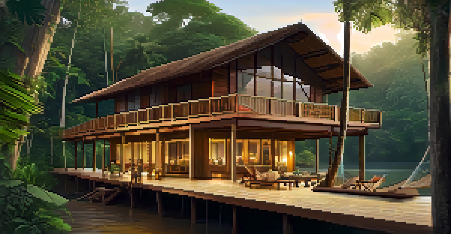An eco-lodge by a river in the Tambopata National Reserve with guests on a nature walk.