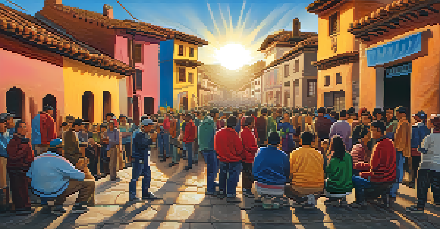 Artists and locals collaborating on a large mural in Cusco, Peru, with a lively atmosphere and a sunset in the background.