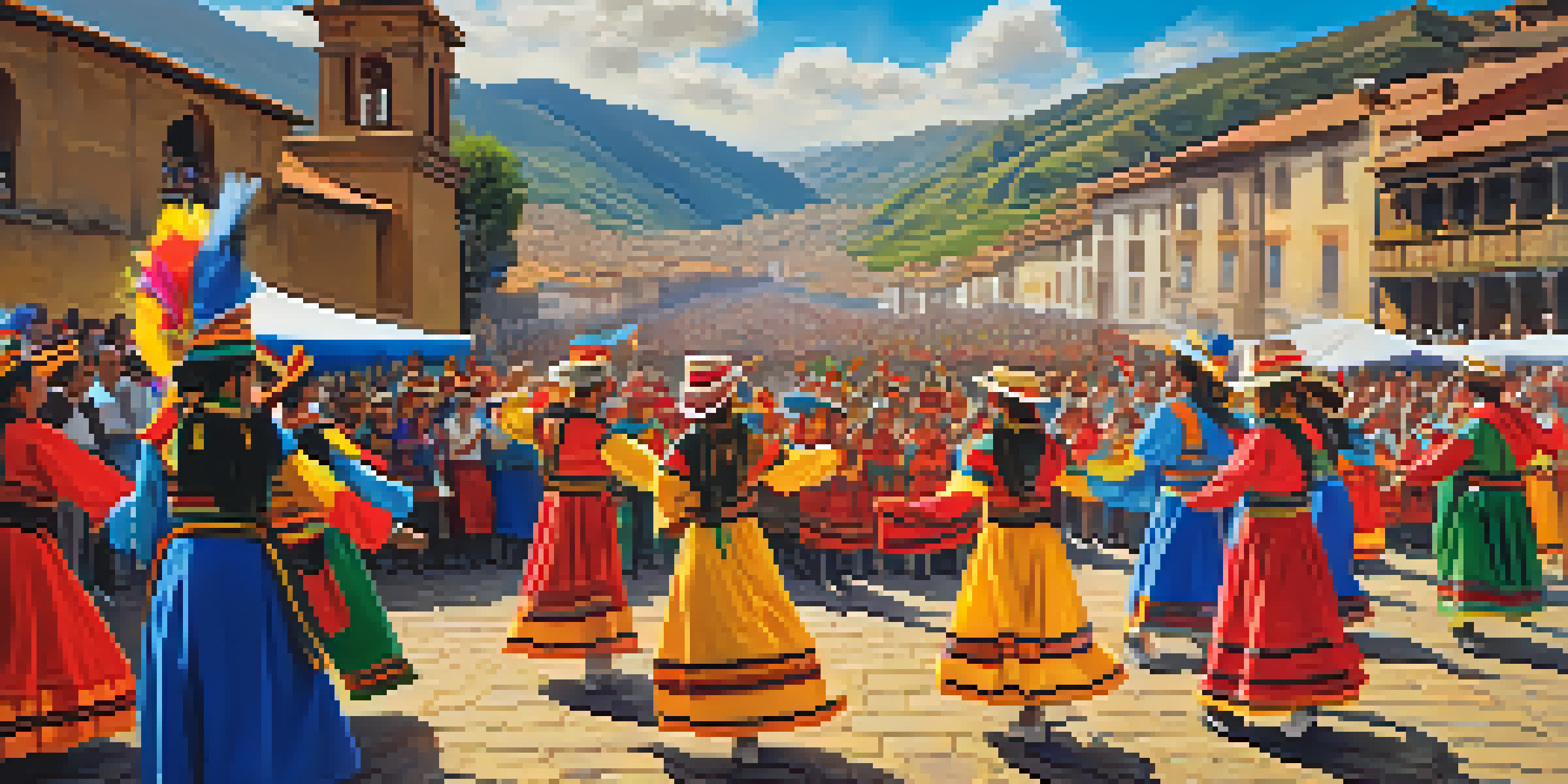 A lively festival scene with dancers in traditional costumes celebrating the Inti Raymi festival in Cusco, Peru, under a bright sun.