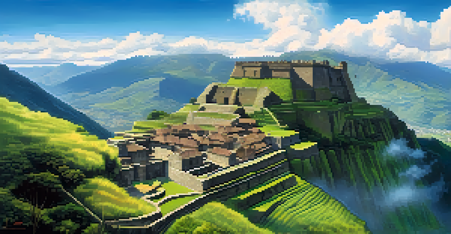 An aerial view from a cable car showing Kuelap fortress in the Andes, with lush green hills and misty clouds in a bright blue sky.