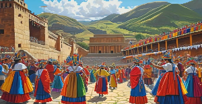 A bustling festival scene in Cusco with colorful dancers, traditional costumes, and the Sacsayhuamán ruins in the background under a bright sun.