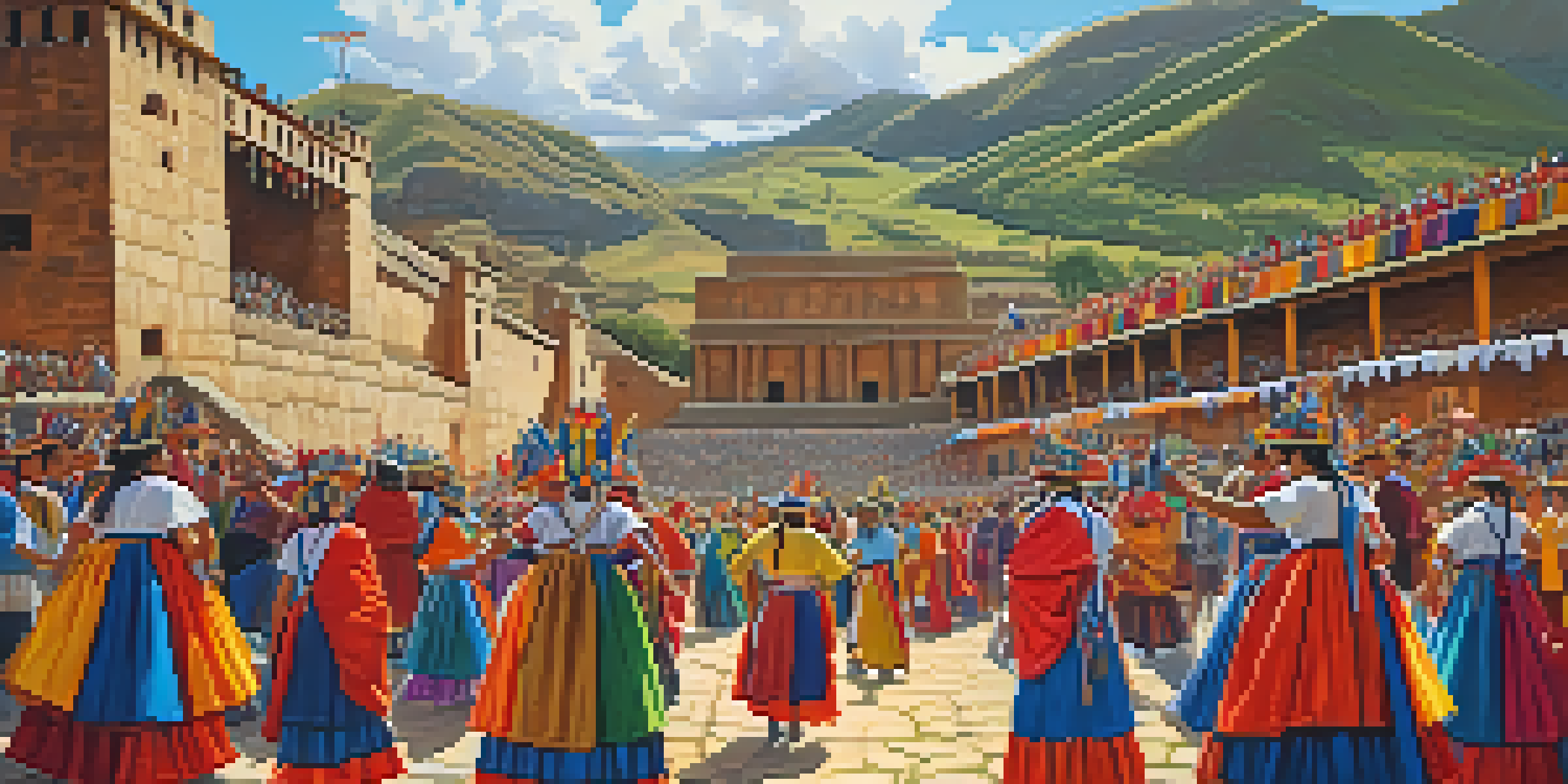 A bustling festival scene in Cusco with colorful dancers, traditional costumes, and the Sacsayhuamán ruins in the background under a bright sun.