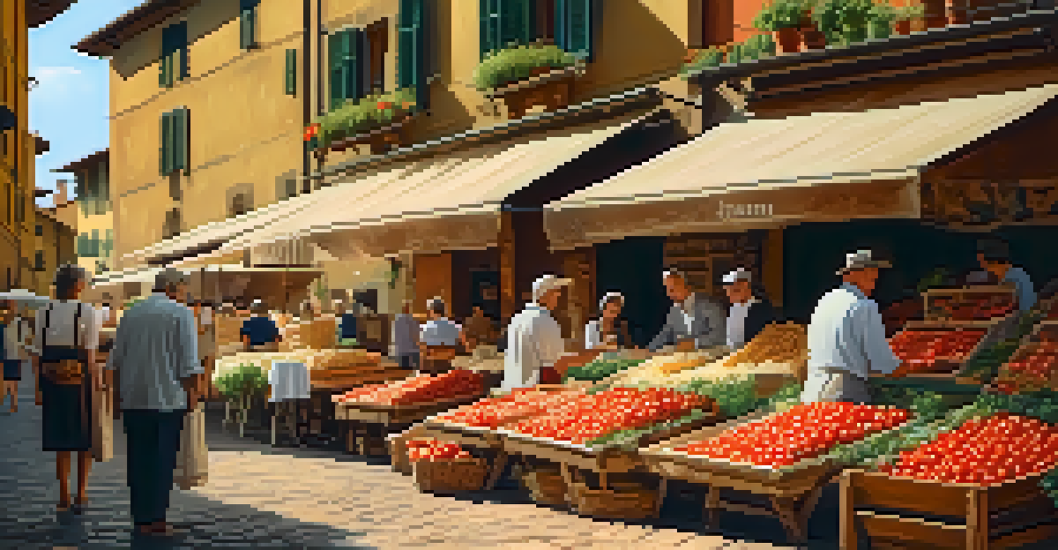 A charming Italian market in Florence filled with fresh ingredients and local vendors, with a glass of Chianti wine on a rustic table under warm afternoon light.