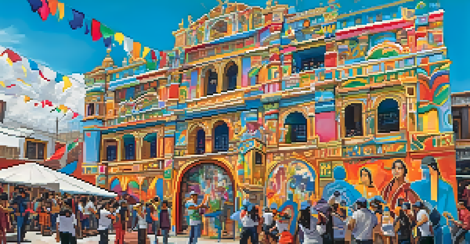 Artists painting large murals during a street art festival in Peru, with attendees participating in workshops and vibrant decorations.