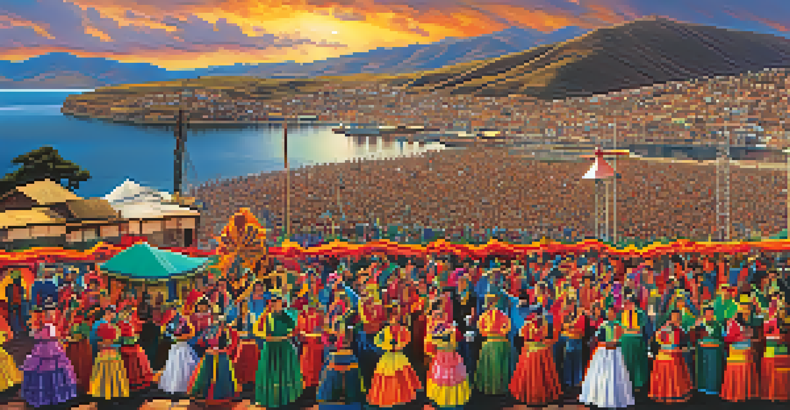 A panoramic view of the Virgen de la Candelaria festival in Puno, Peru, with dancers and musicians in colorful costumes against Lake Titicaca at sunset.
