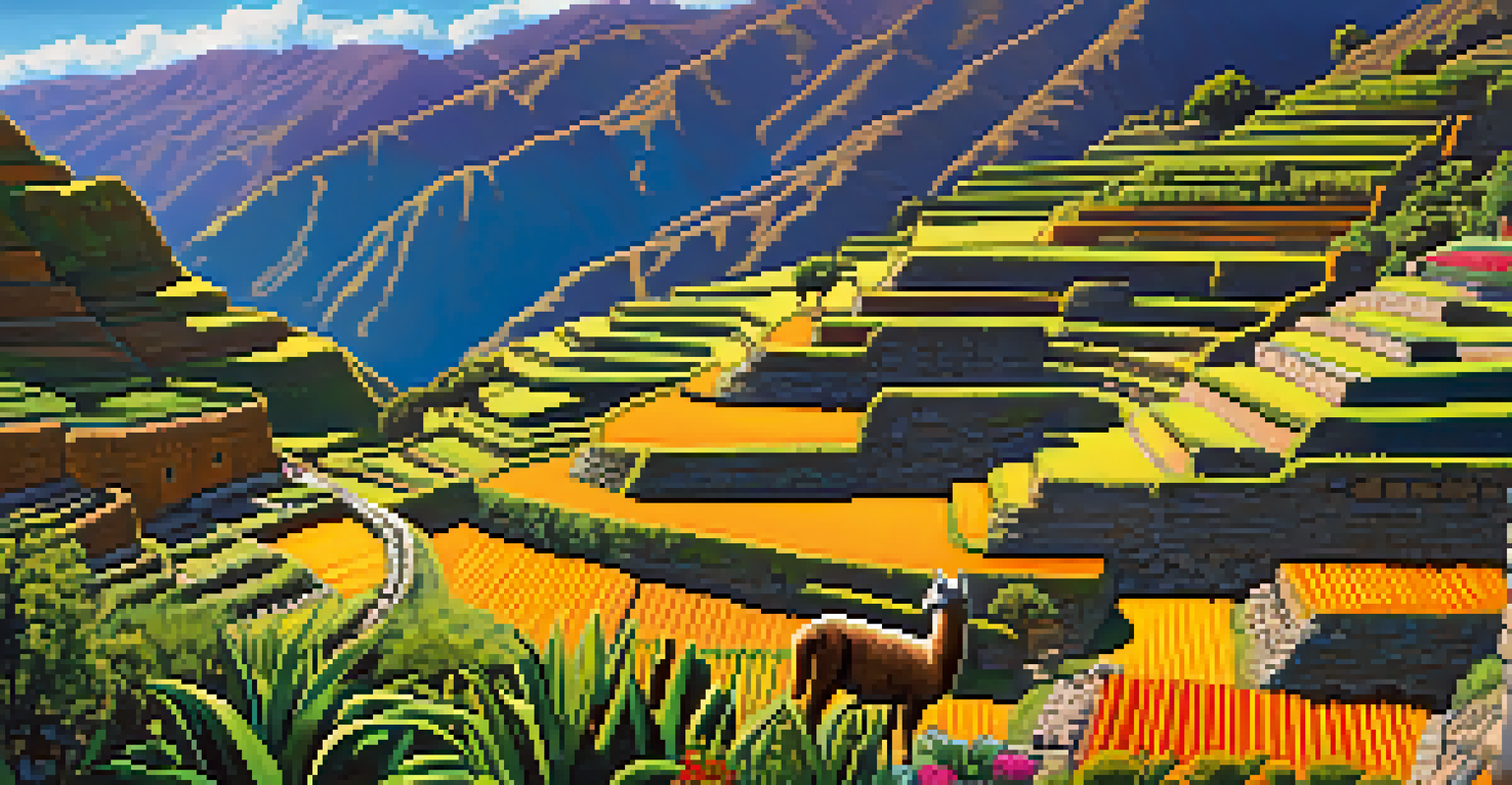 Lush Inca agricultural terraces with crops and grazing llamas, set against the Andes mountains under a blue sky.
