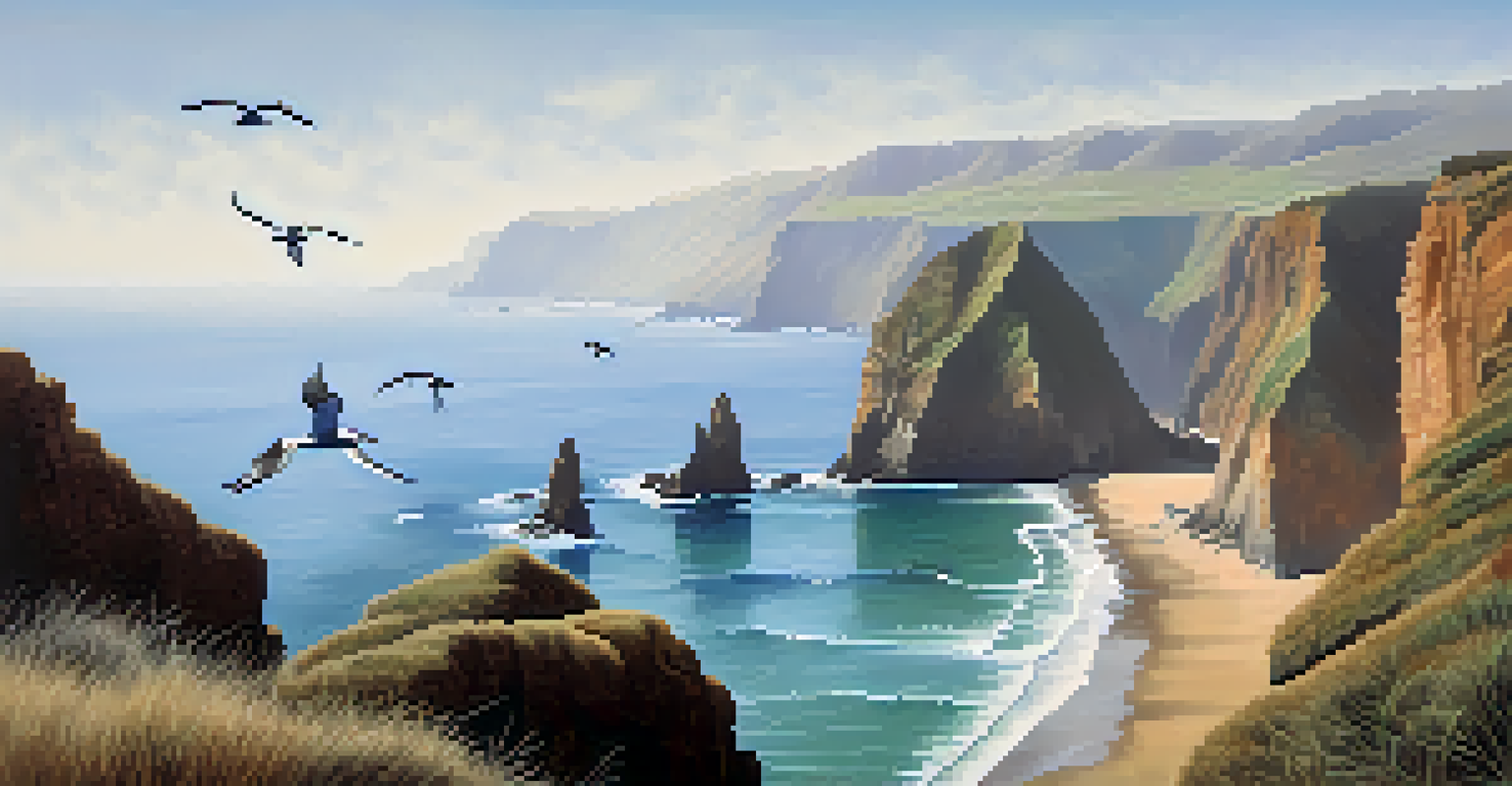 A peaceful coastal scene in Peru with fog, cliffs, and gentle ocean waves, featuring seabirds in flight.