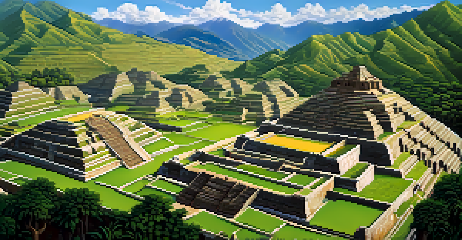 An aerial view of the Inca Empire's landscape with stone architecture and terraced fields.