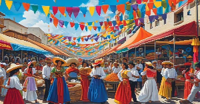 A colorful festival scene with stalls of wine and food, traditional dancers in costumes, and a clear blue sky.