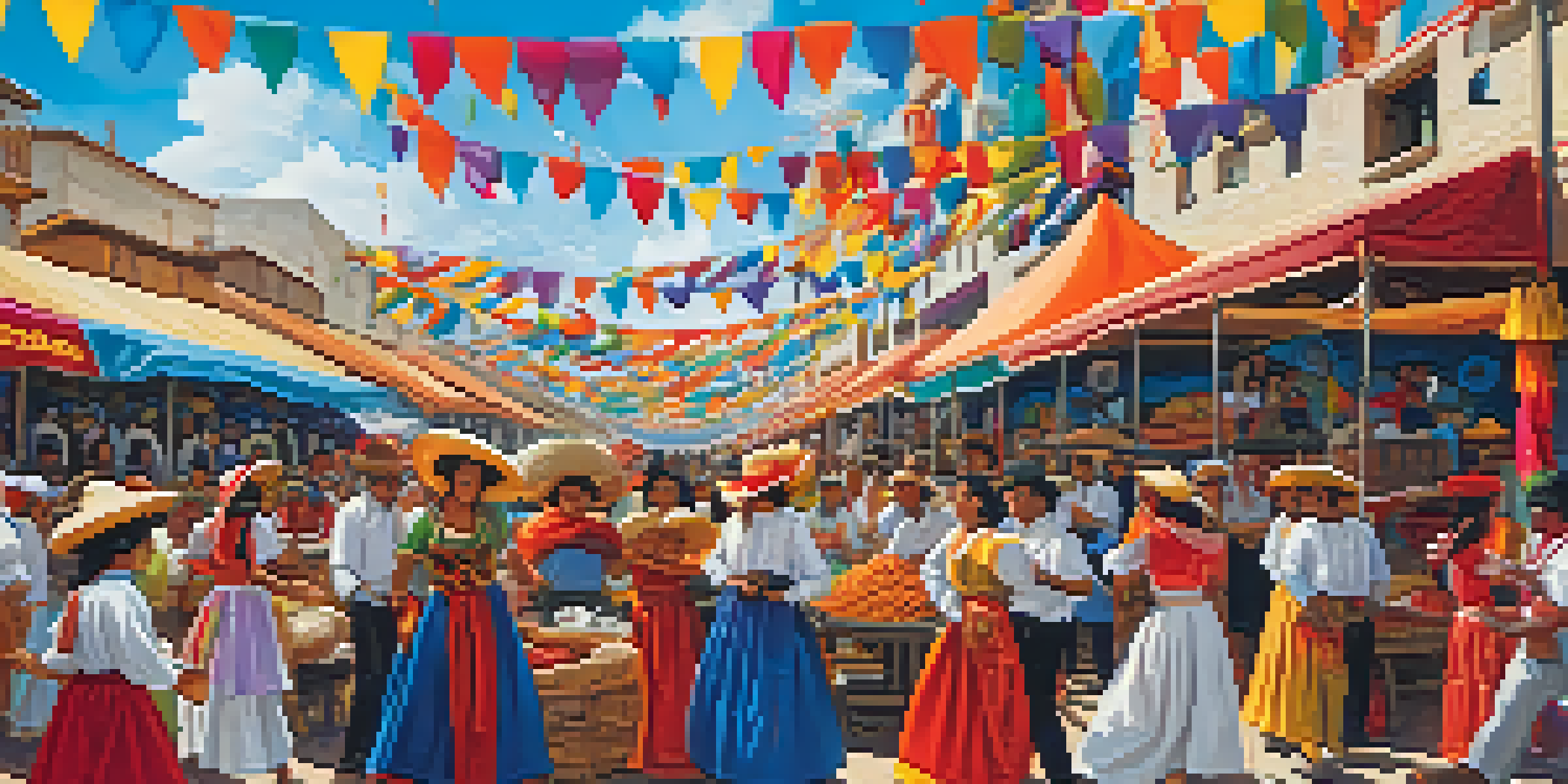 A colorful festival scene with stalls of wine and food, traditional dancers in costumes, and a clear blue sky.