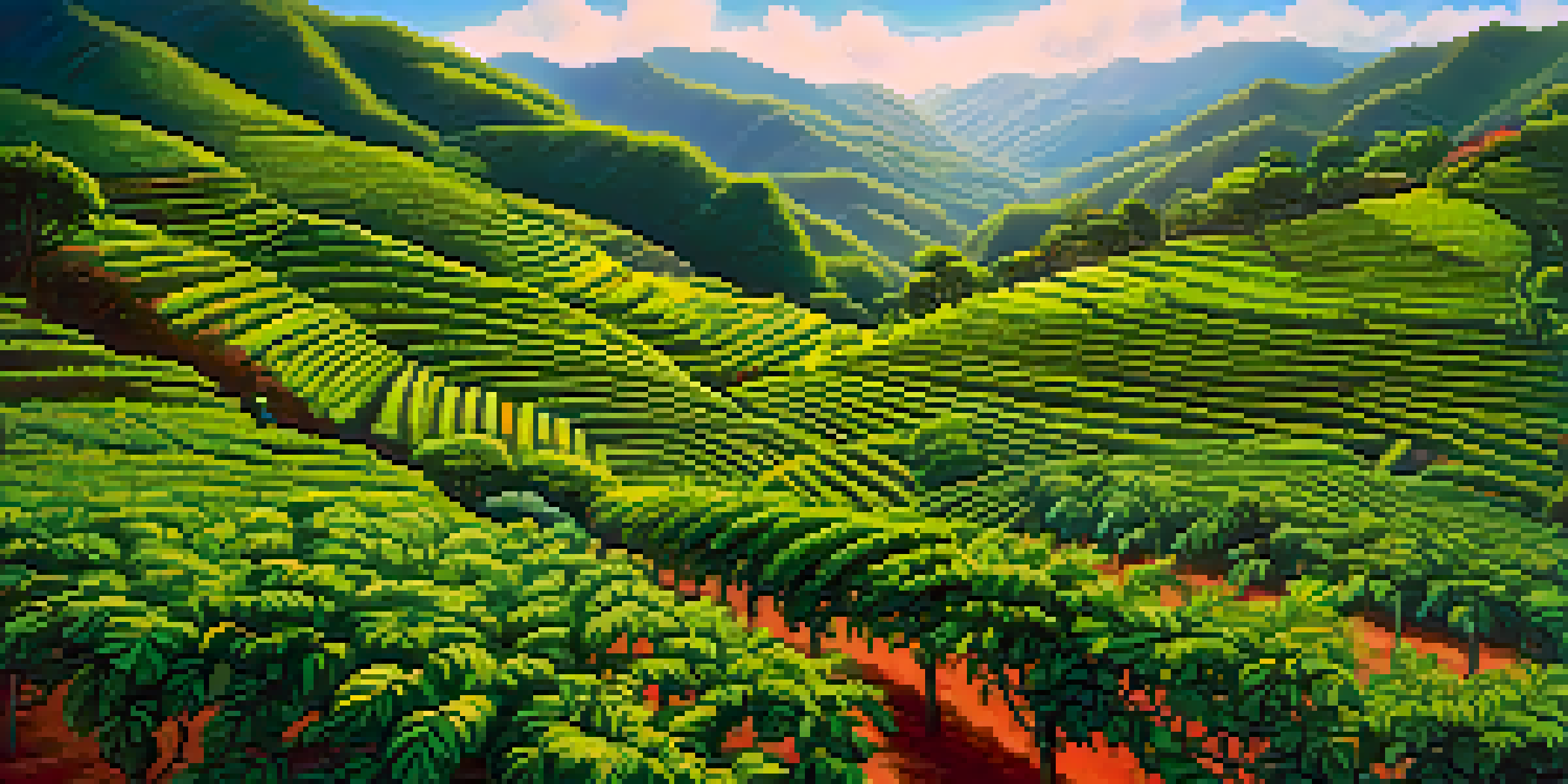 A picturesque view of a Peruvian coffee farm in the Andes, with farmers picking coffee cherries and bright sunlight illuminating the landscape.