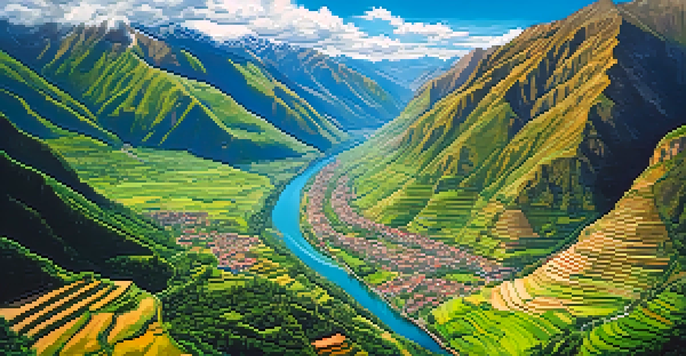A paraglider soaring over the lush green Sacred Valley, with ancient terraces and the Urubamba River visible below, set against the backdrop of majestic mountains.