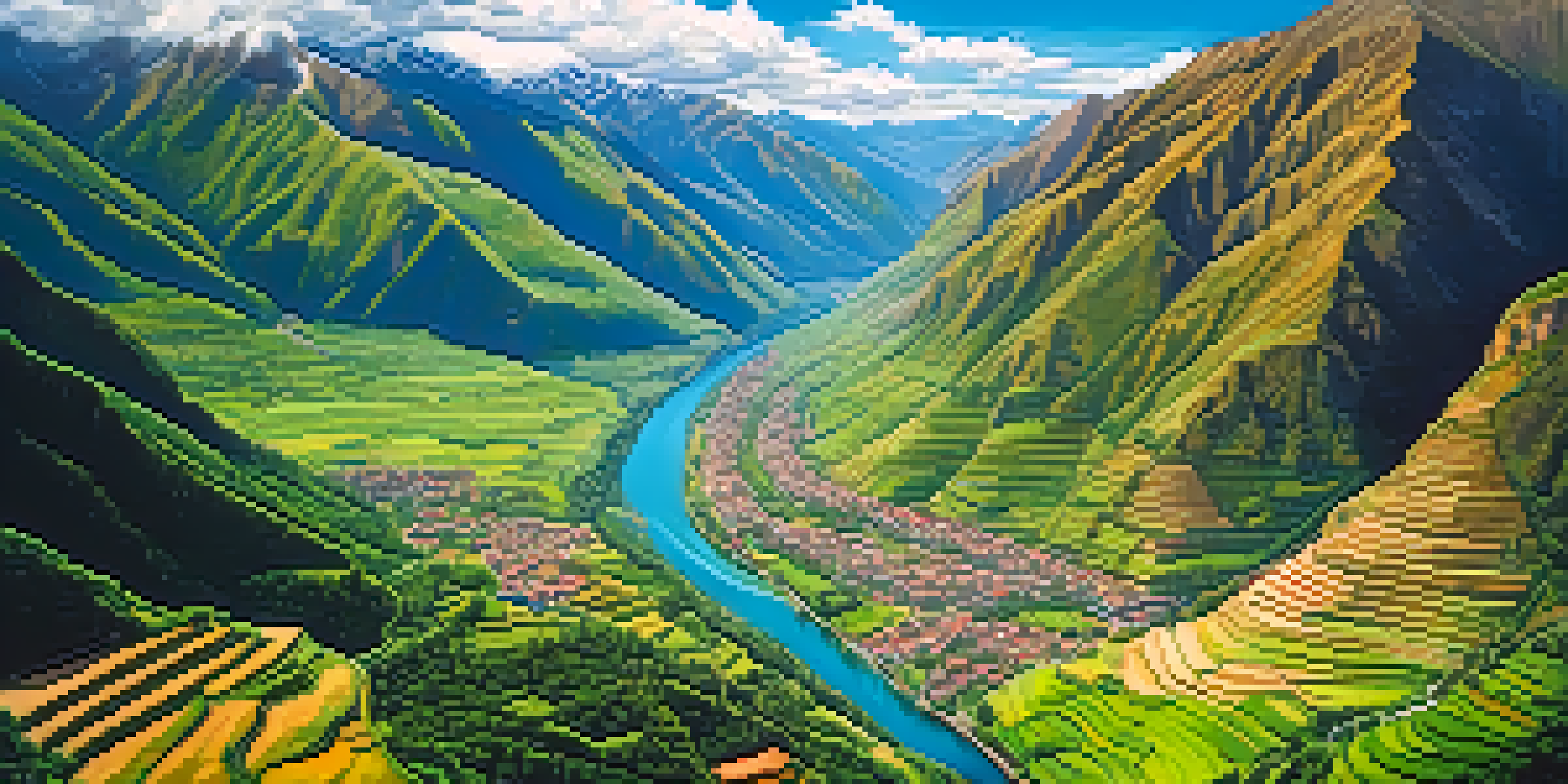 A paraglider soaring over the lush green Sacred Valley, with ancient terraces and the Urubamba River visible below, set against the backdrop of majestic mountains.
