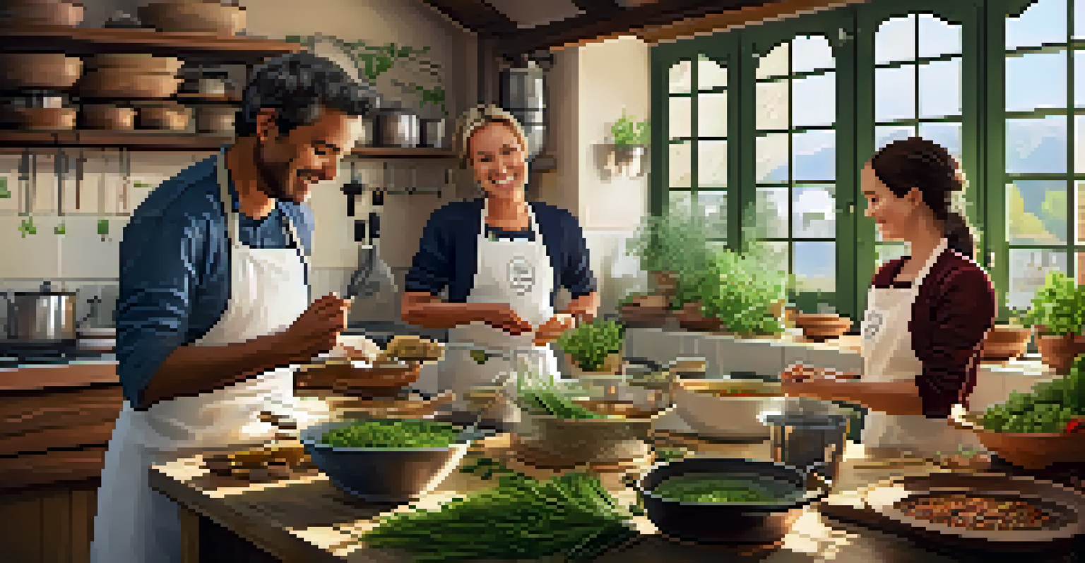 A cozy kitchen cooking class with a local chef teaching tourists to prepare traditional dishes, filled with fresh herbs and spices, creating a warm atmosphere.