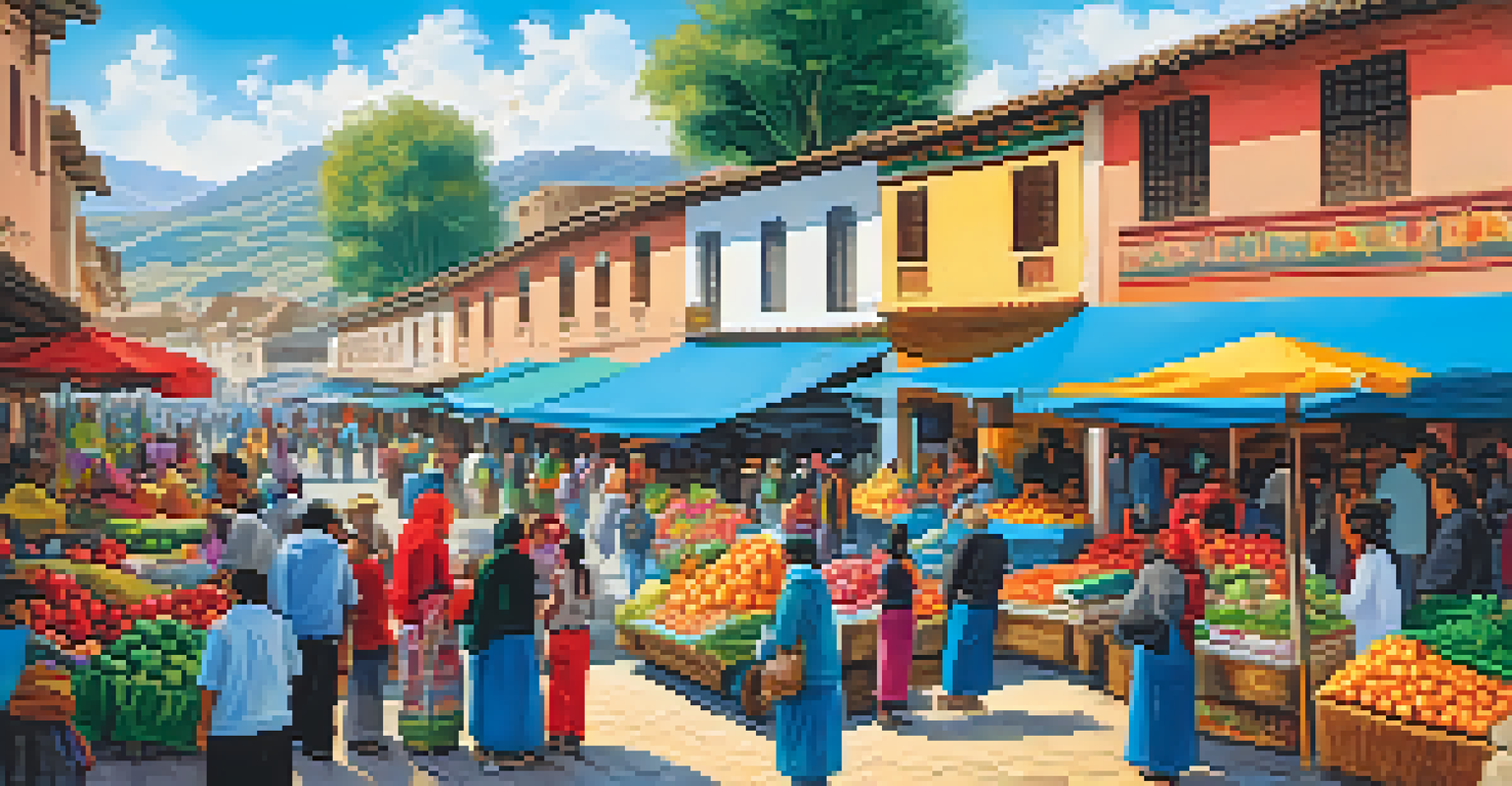 A lively local market in Peru with colorful stalls of fresh produce and traditional crafts, bustling with vendors and customers.