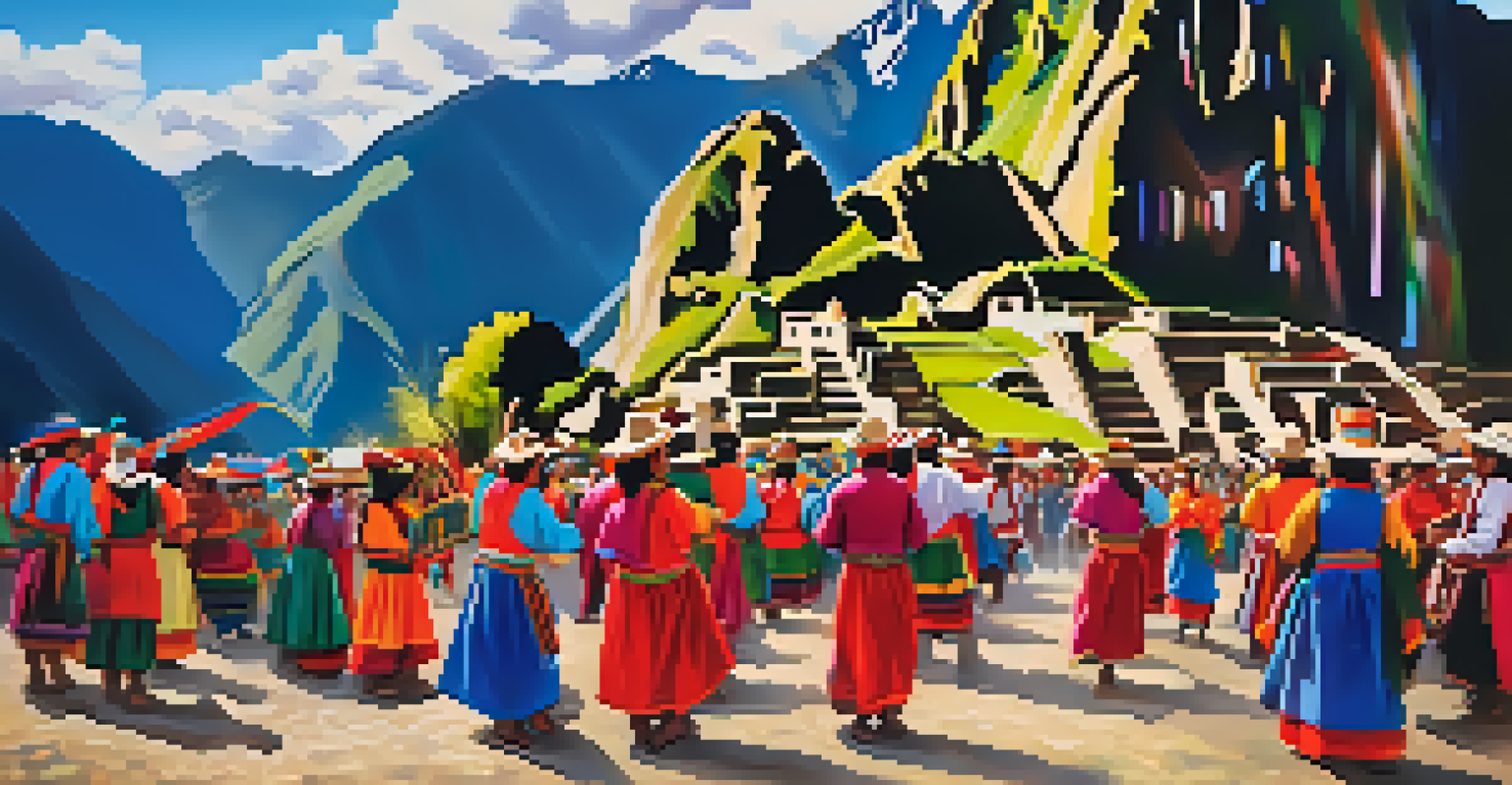 A vibrant festival scene near Machu Picchu with locals in colorful costumes celebrating against the backdrop of the Andes mountains and ancient ruins.
