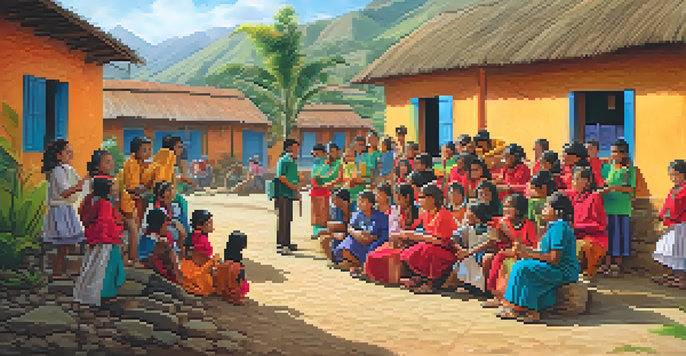 Volunteers interacting joyfully with local children in a colorful Peruvian village, surrounded by traditional architecture and greenery.