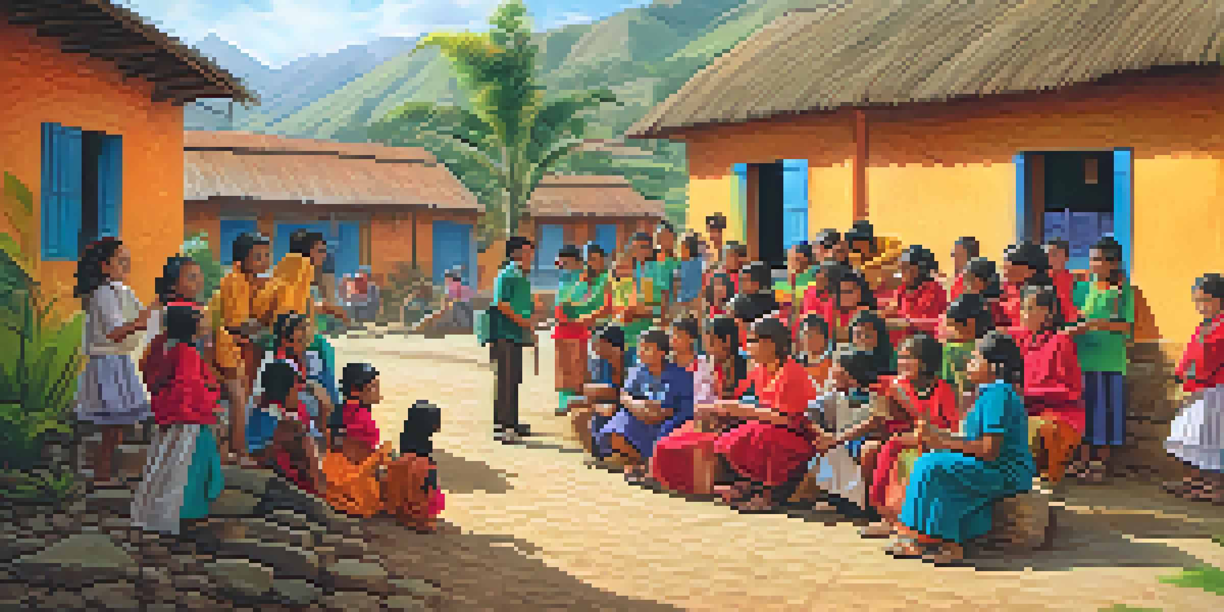 Volunteers interacting joyfully with local children in a colorful Peruvian village, surrounded by traditional architecture and greenery.