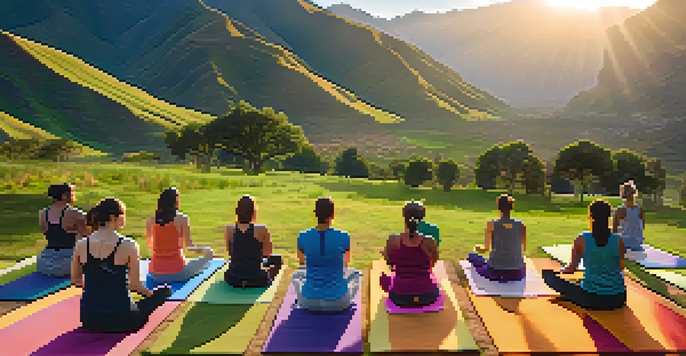 A diverse group of people practicing yoga at sunrise in the Sacred Valley, with green mountains in the background and a warm golden light.