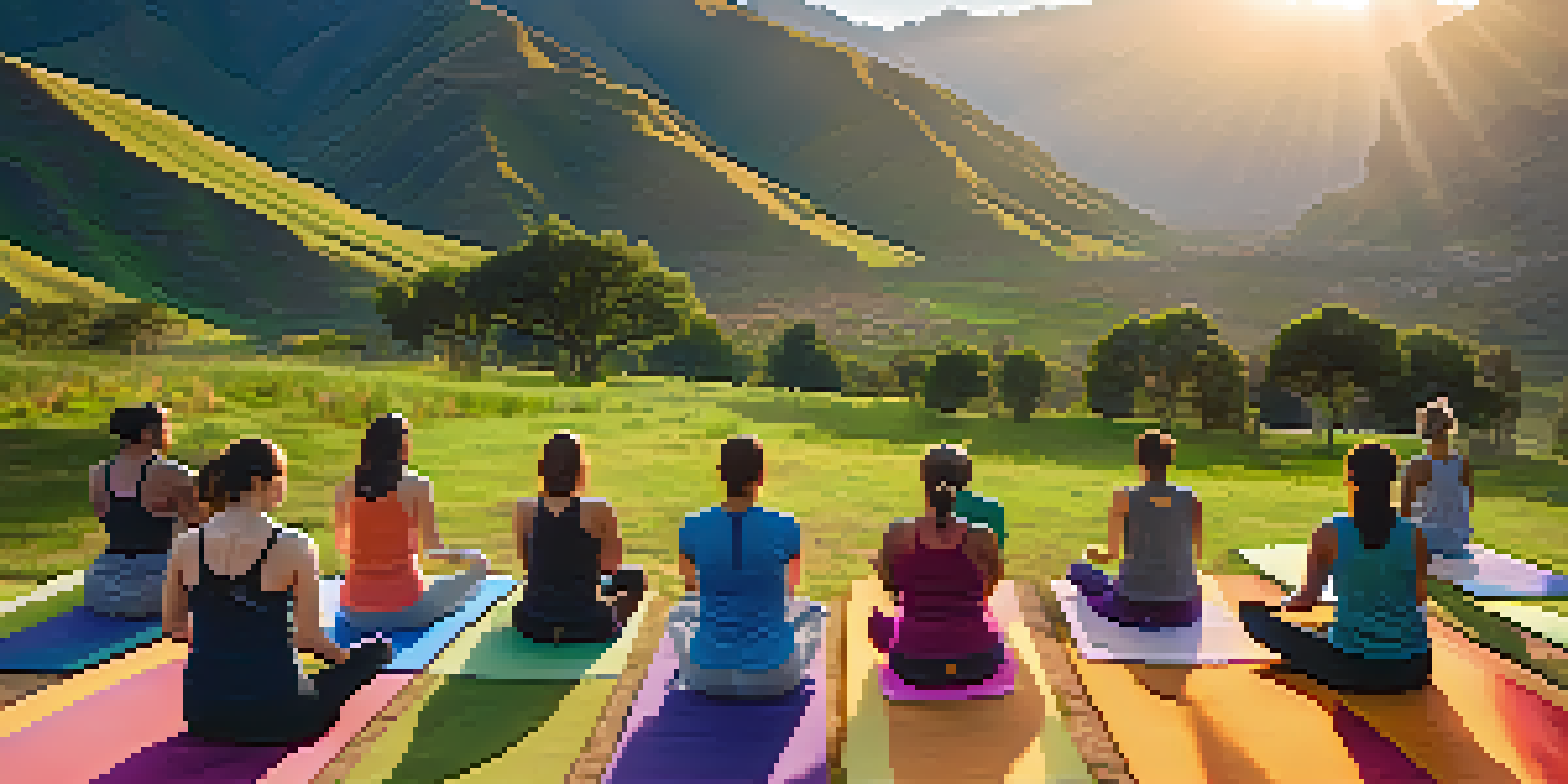 A diverse group of people practicing yoga at sunrise in the Sacred Valley, with green mountains in the background and a warm golden light.