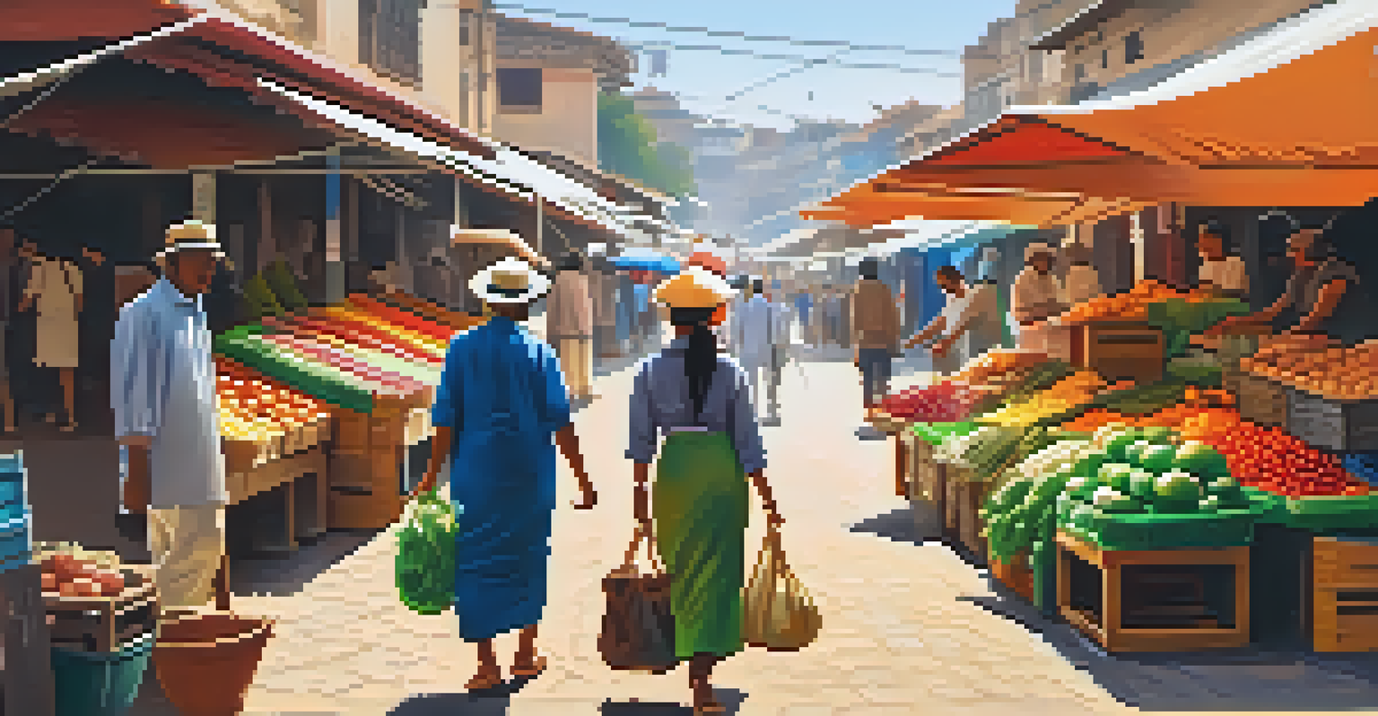 A traveler blending in at a vibrant market, surrounded by colorful stalls and locals.