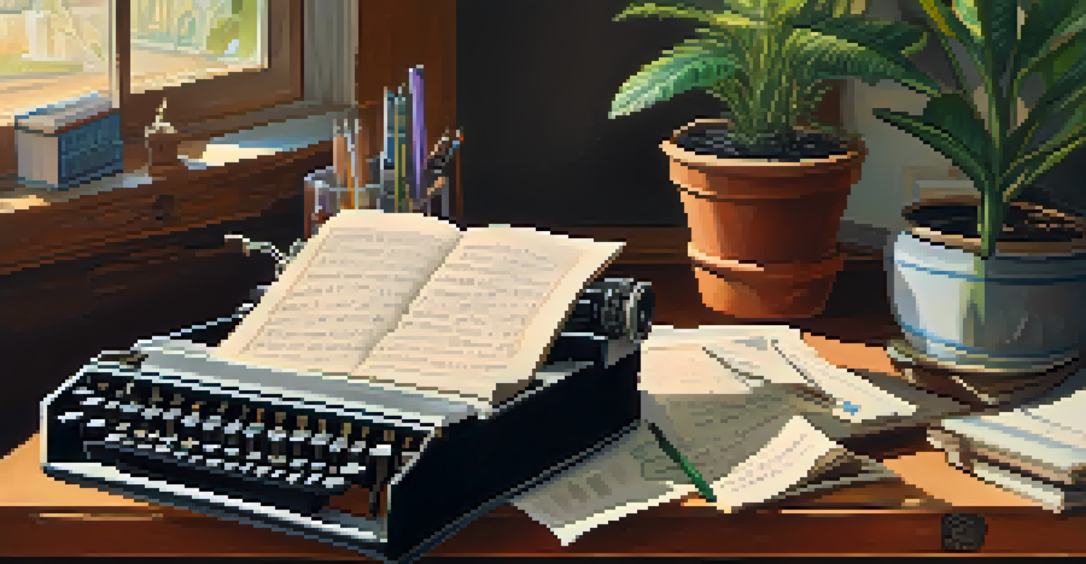 A writer's desk in Peru filled with books and a typewriter, illuminated by warm light.