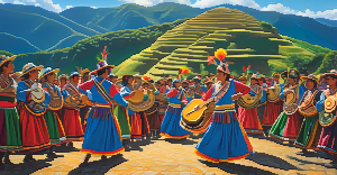 A lively festival scene depicting traditional dancers in colorful costumes with musicians playing Andean instruments, set against a backdrop of green hills and a bright sky.