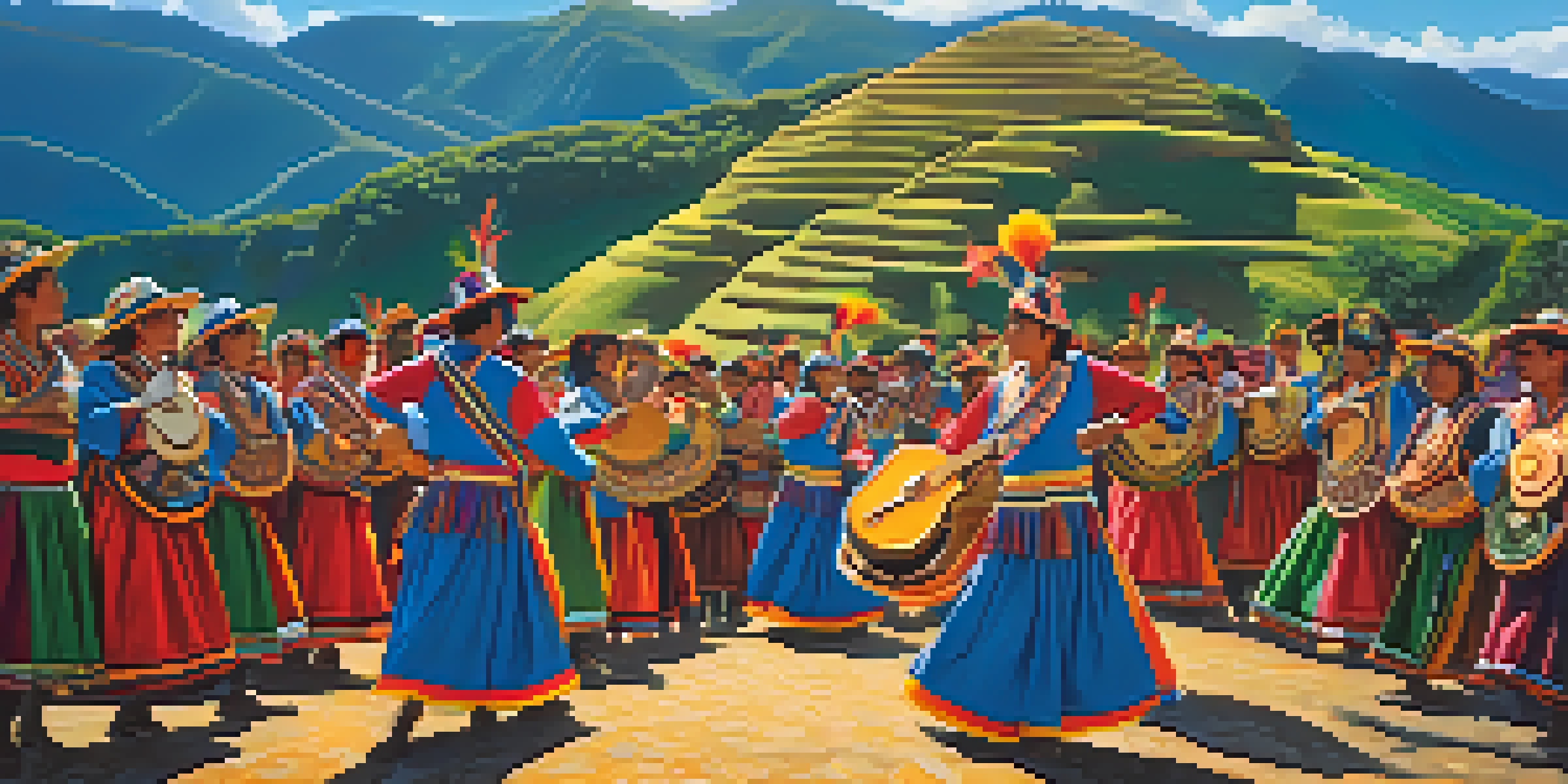 A lively festival scene depicting traditional dancers in colorful costumes with musicians playing Andean instruments, set against a backdrop of green hills and a bright sky.