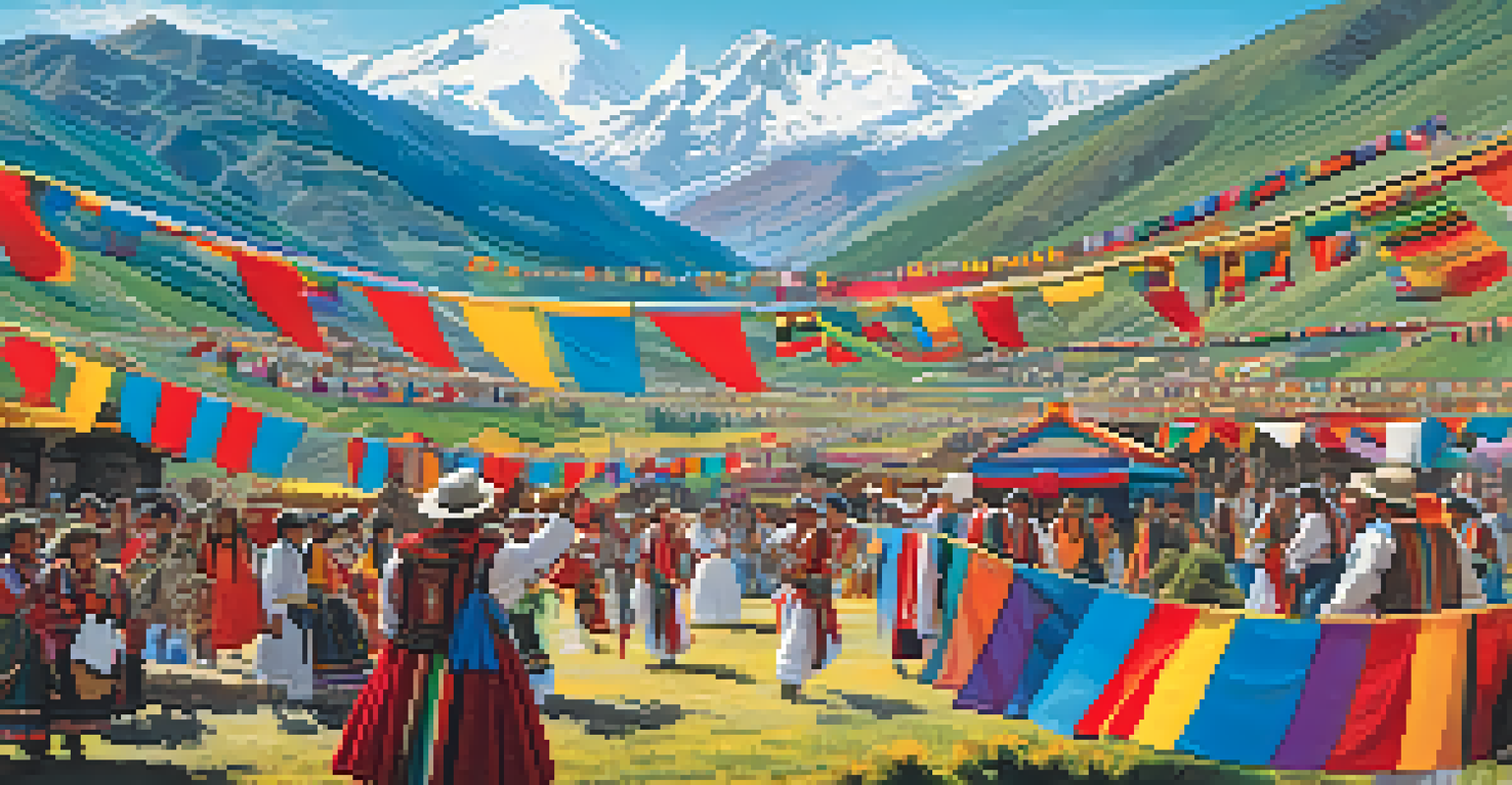 A lively community festival set in the Andean mountains, featuring people in traditional clothing and colorful decorations.