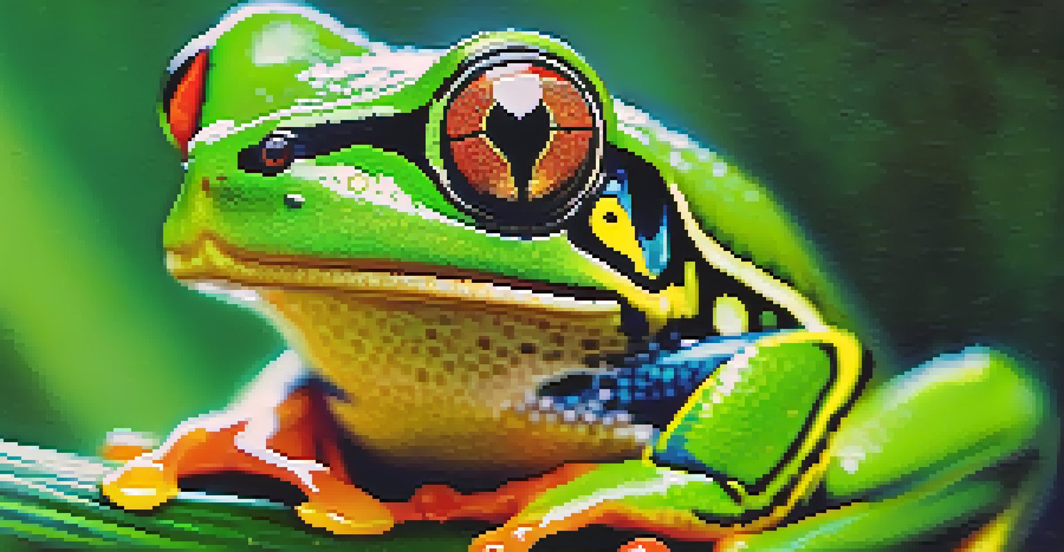 A close-up of a vibrant green tree frog on a leaf, with detailed skin texture and a blurred rainforest background.