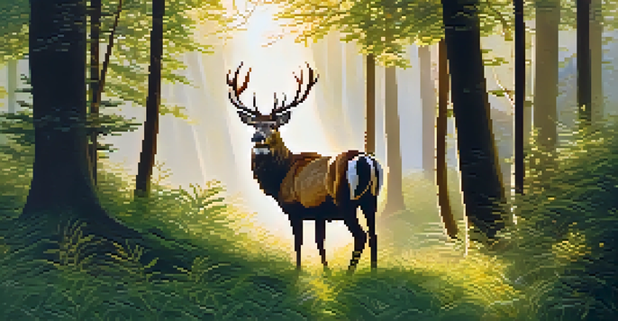 A majestic stag in a sun-dappled forest with warm golden light filtering through the leaves, emphasizing its antlers and fur textures.