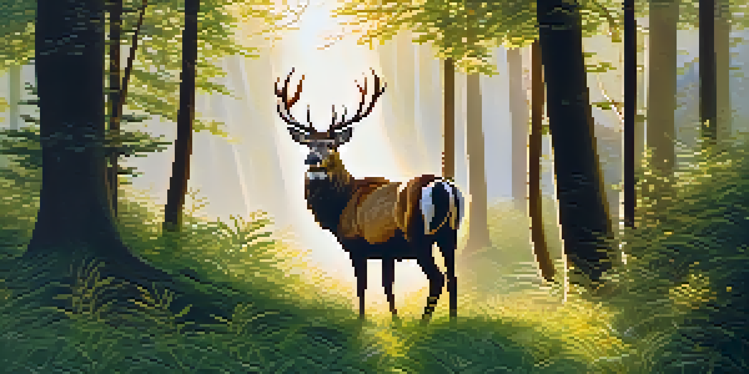 A majestic stag in a sun-dappled forest with warm golden light filtering through the leaves, emphasizing its antlers and fur textures.