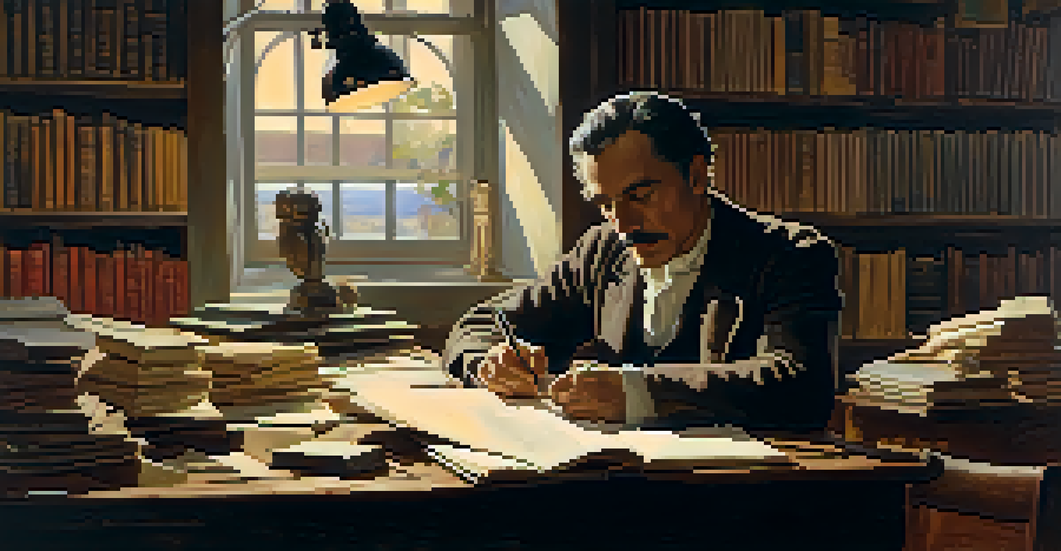 A poet seated at a desk with papers and ink pots, lost in thought, with bookshelves in the background.