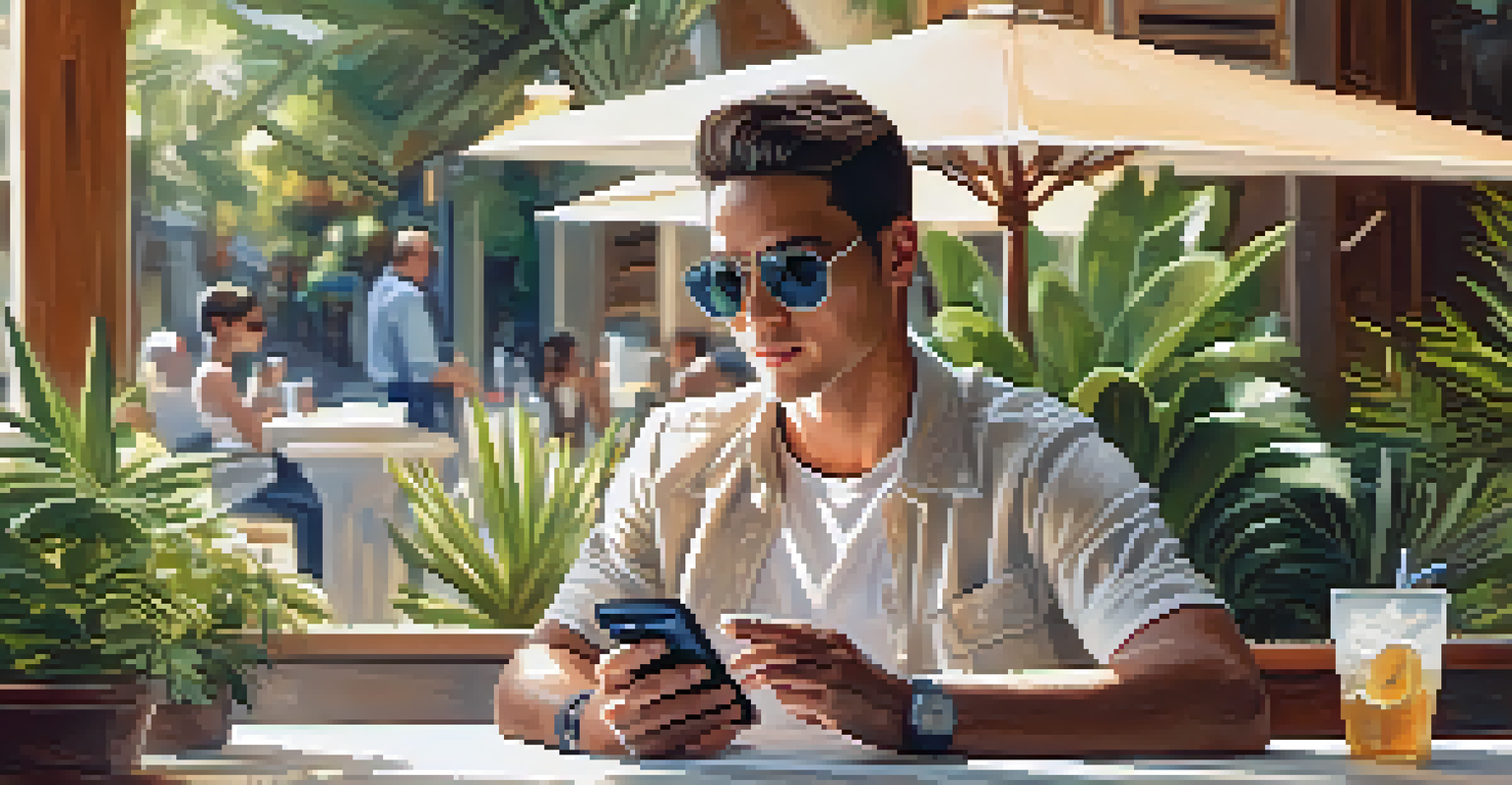 A traveler using a hydration app on their smartphone at a shaded café with a glass of water on the table.