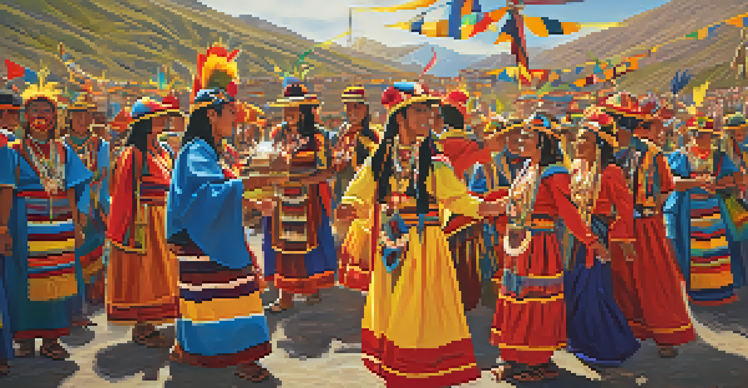 Participants in traditional clothing celebrating the Inti Raymi festival, performing rituals and dances under a bright sun.