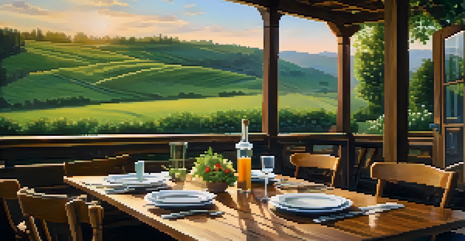 An outdoor dining setup at a farm-to-table restaurant, featuring fresh local ingredients and a scenic view.