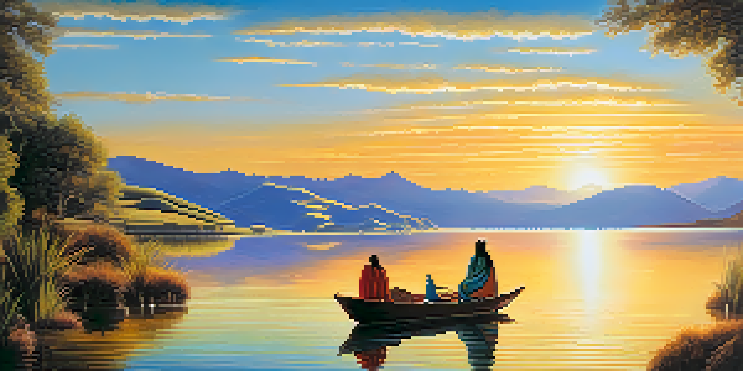 Manco Cápac and Mama Ocllo emerging from Lake Titicaca at sunrise, surrounded by lush greenery.