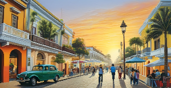 A lively street in Barranco, Lima, filled with colorful buildings and murals, with people walking and engaging with local artists and vendors during sunset.