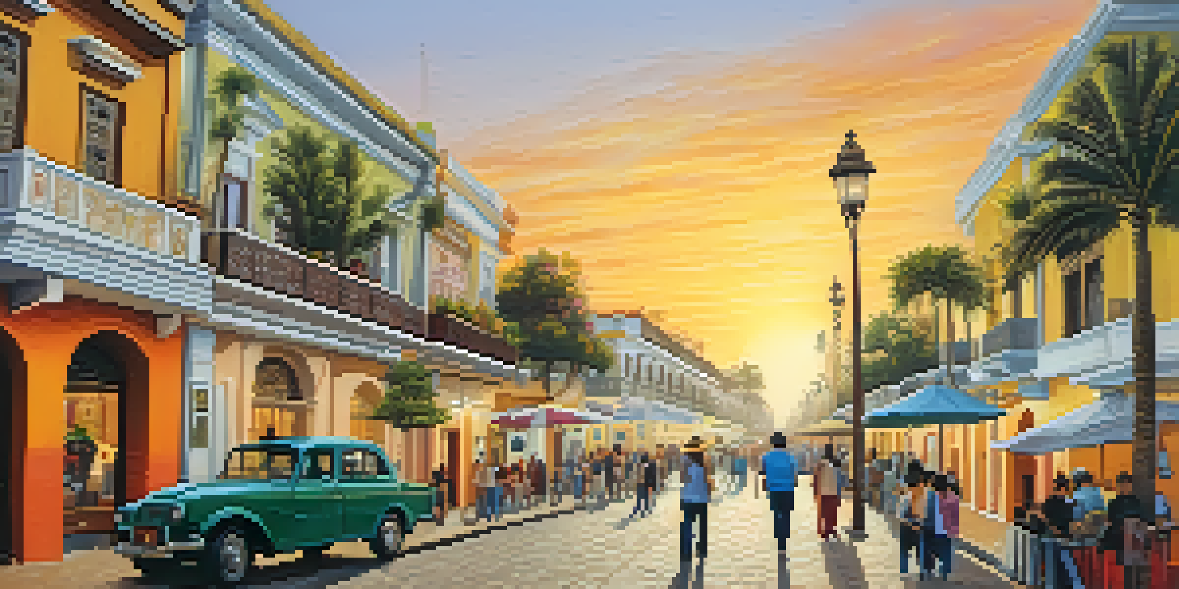 A lively street in Barranco, Lima, filled with colorful buildings and murals, with people walking and engaging with local artists and vendors during sunset.