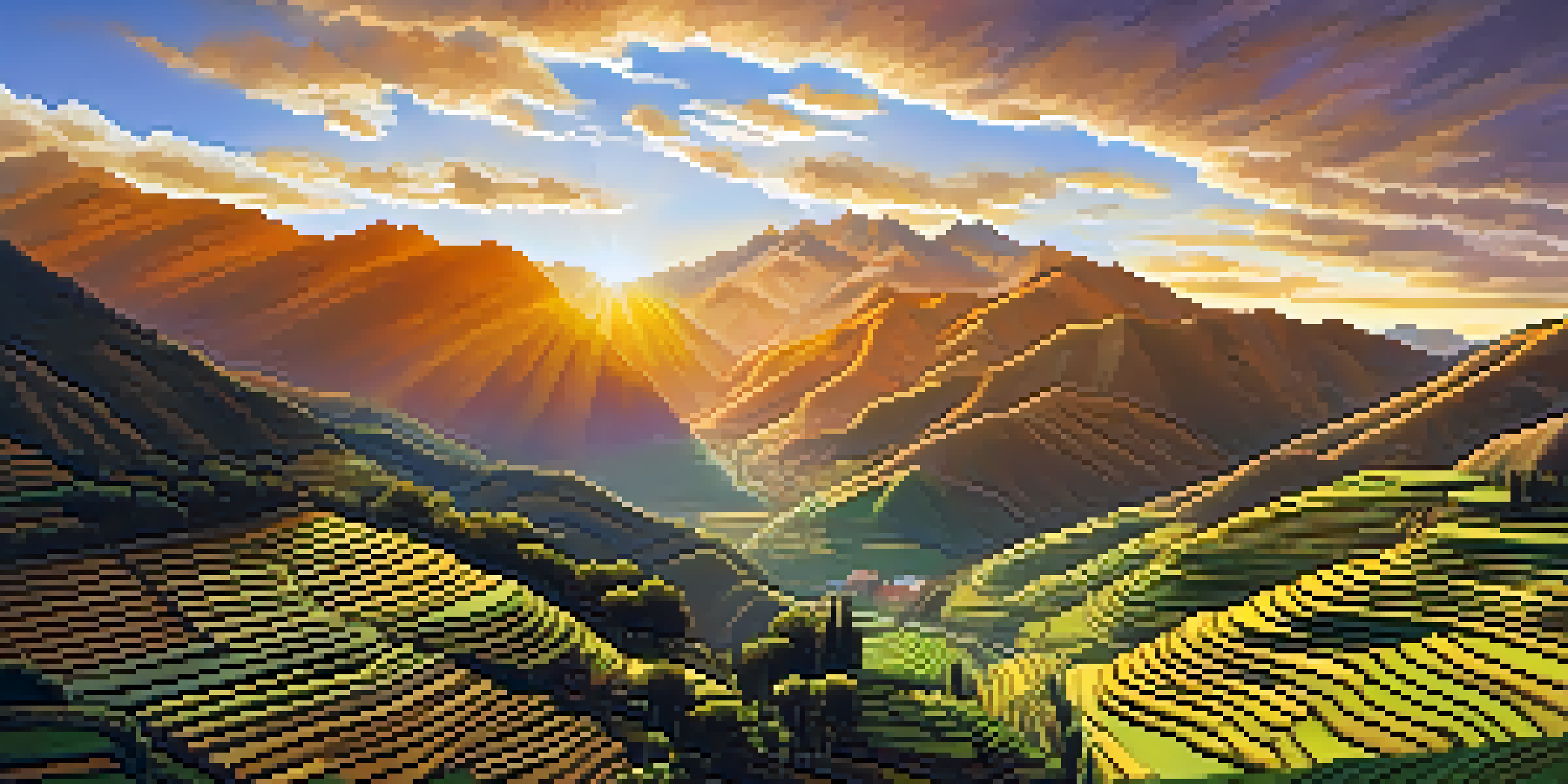 A stunning sunrise illuminating terraced fields in the Sacred Valley of Peru, with the Andes mountains in the background and a traditional village.