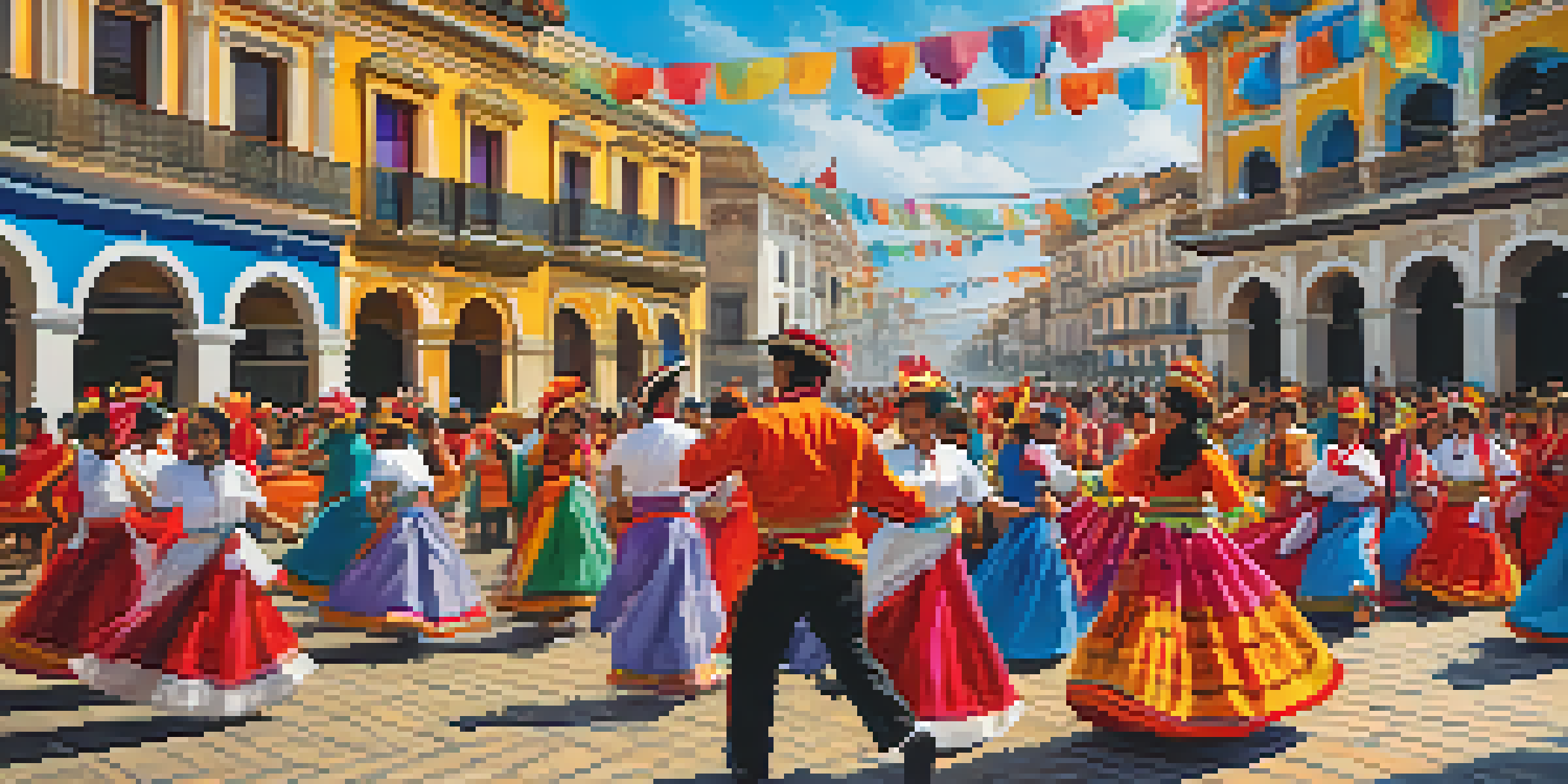 A lively street scene during a Peruvian festival featuring traditional costumes and ornate colonial buildings.