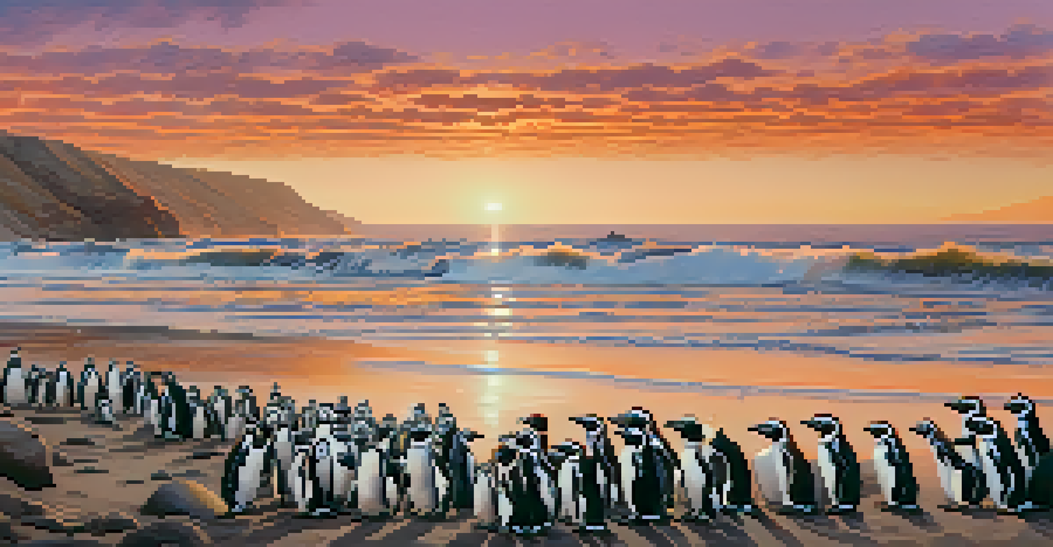 A group of Humboldt penguins on a rocky shore at sunset, with colorful sky and ocean waves in the background.