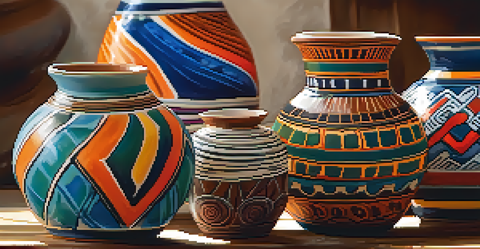 A close-up view of a colorful Peruvian pottery piece with intricate designs, displayed on a wooden table.