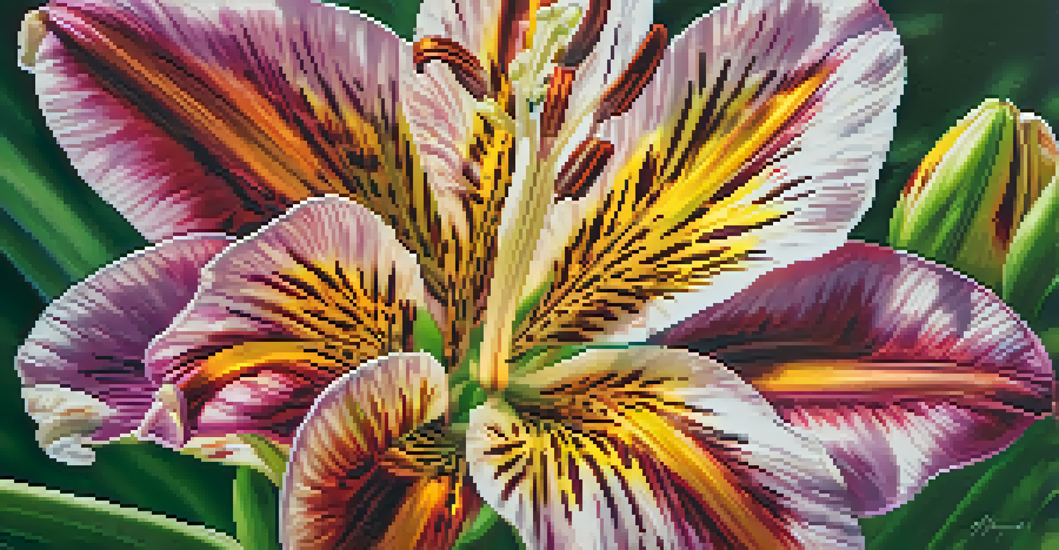A close-up of a Peruvian lily, highlighting its vibrant petals and intricate designs in a garden setting.