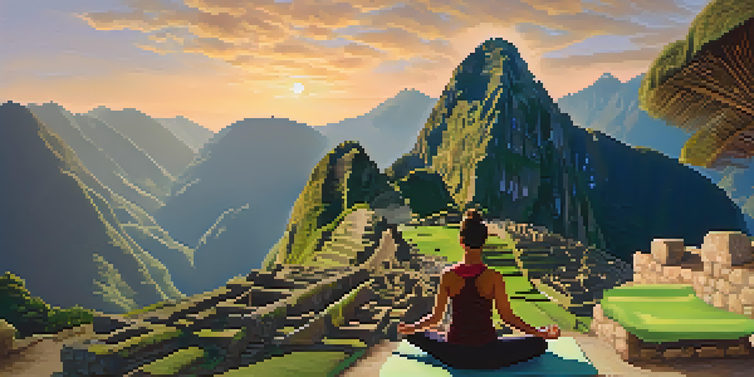 A yoga practitioner doing poses at sunrise with Machu Picchu in the background, surrounded by green mountains and mist.