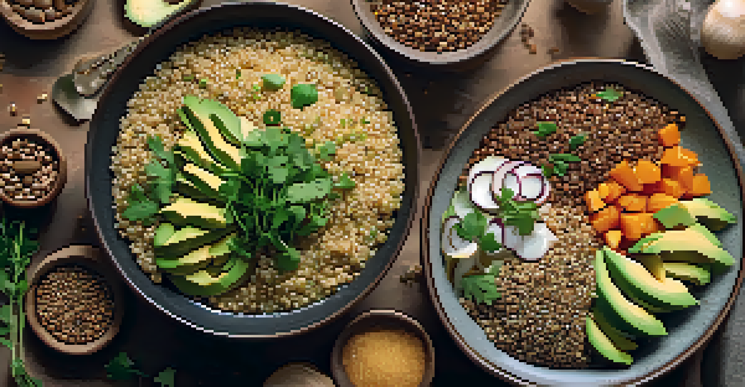 An artistic flat lay of different quinoa dishes, including a bowl with avocado and seeds, a warm stew, and uncooked quinoa grains surrounded by fresh vegetables.