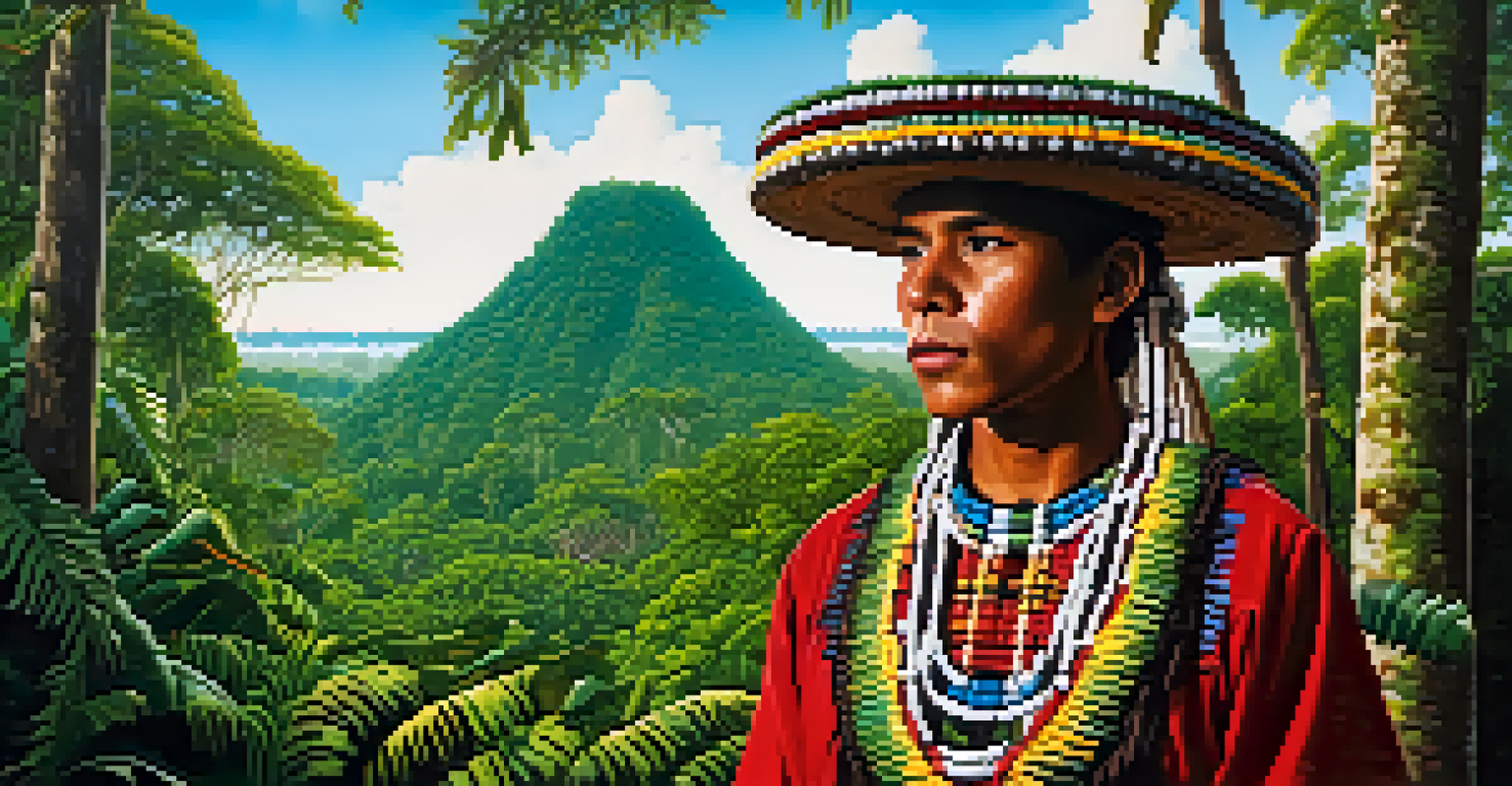 An indigenous individual in traditional attire amidst a dense green forest, emphasizing their connection to the Amazon Basin.