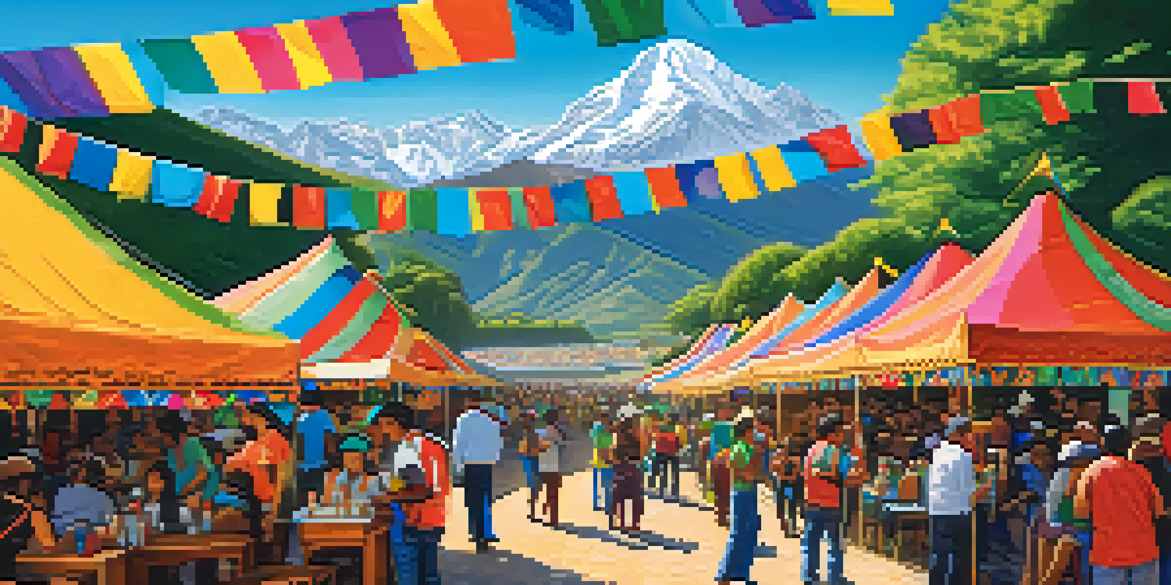 A lively scene of a Peruvian craft beer festival with colorful tents, diverse people enjoying craft beers, and the Andes mountains in the background.