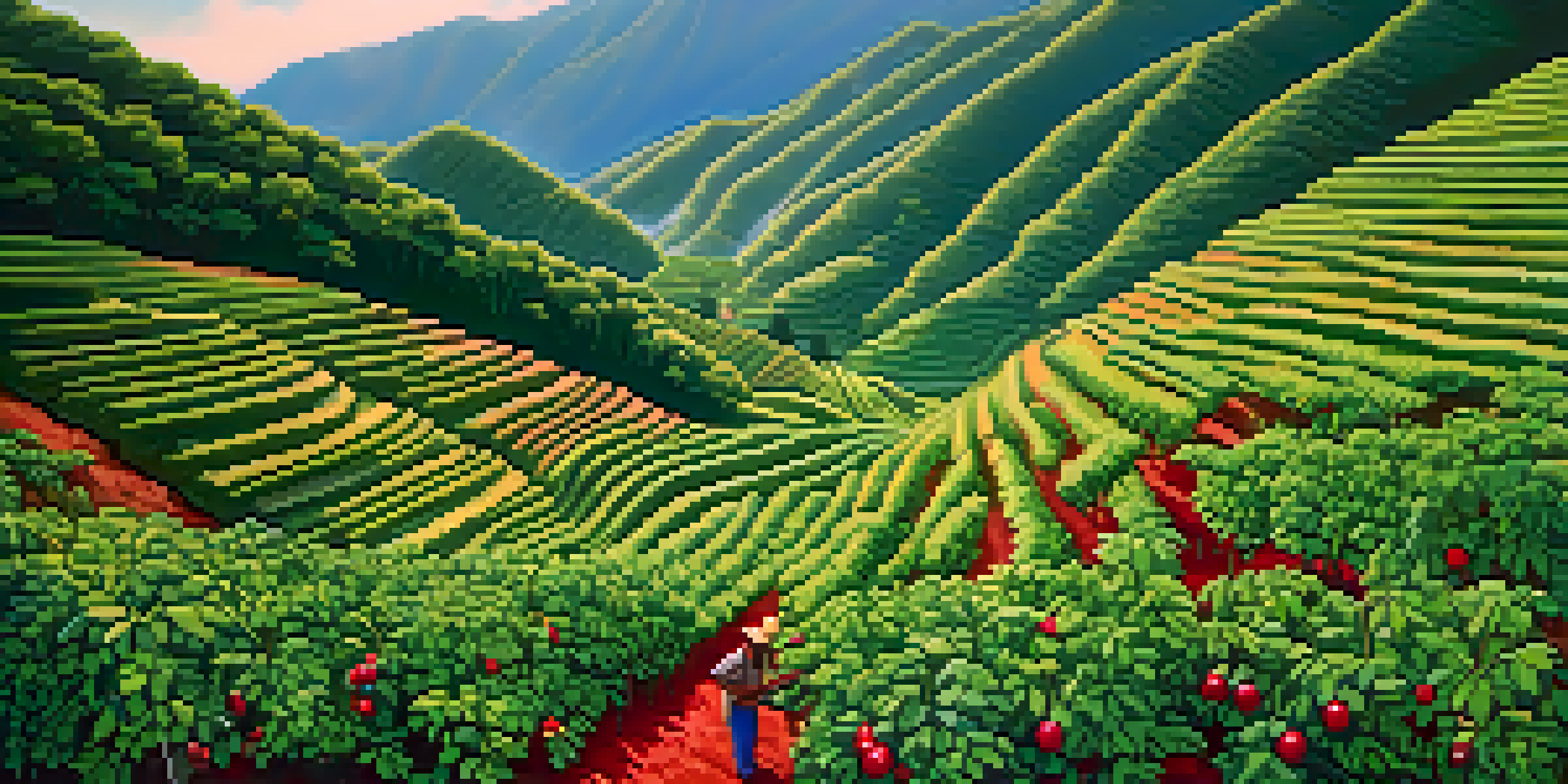 A farmer picking coffee cherries in a lush green coffee plantation in the Andes mountains of Peru, with sunlight filtering through the leaves.