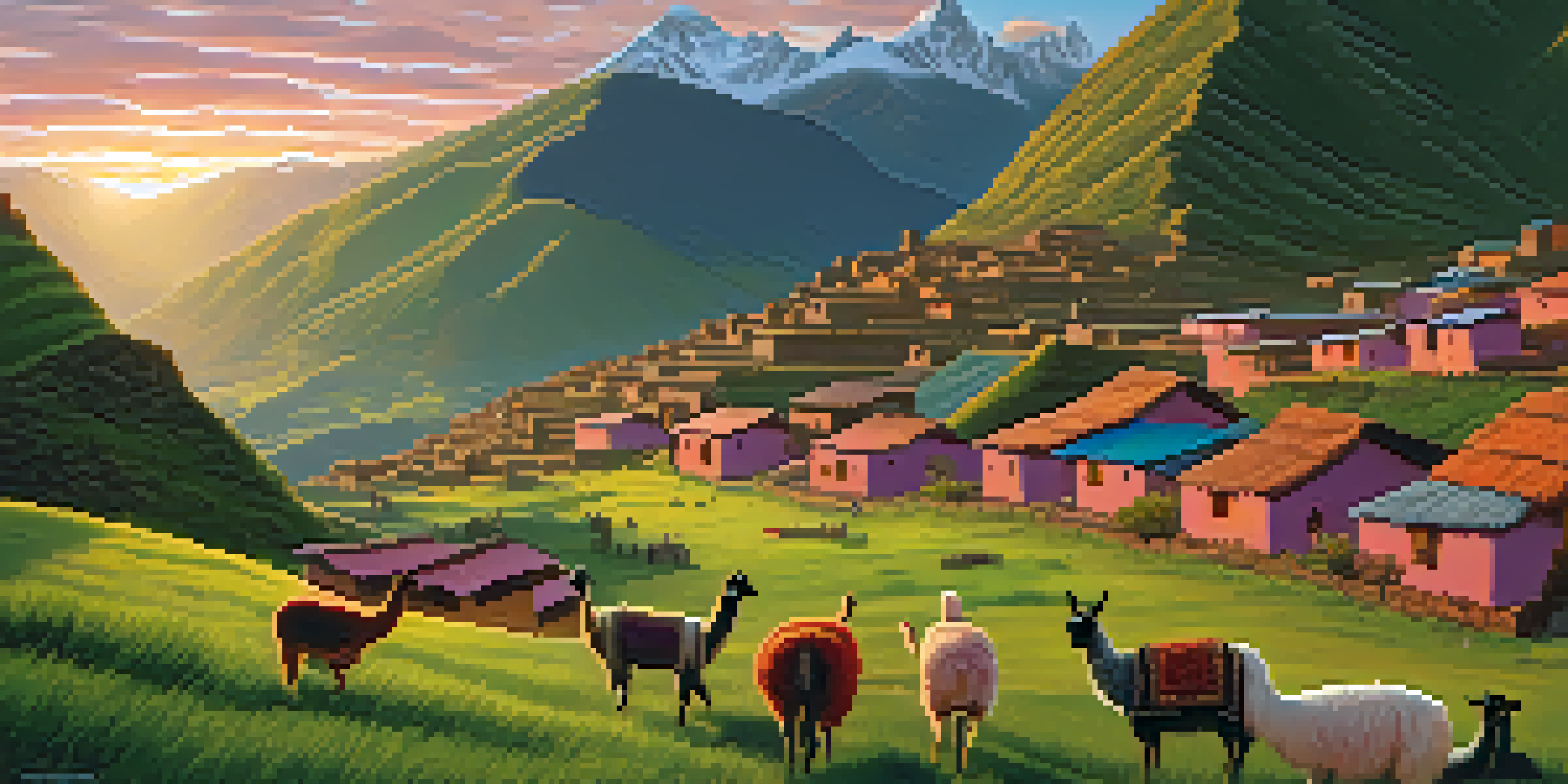 A picturesque view of the Andes mountains at sunrise with a traditional Quechua village in the foreground, featuring adobe houses and villagers with llamas.